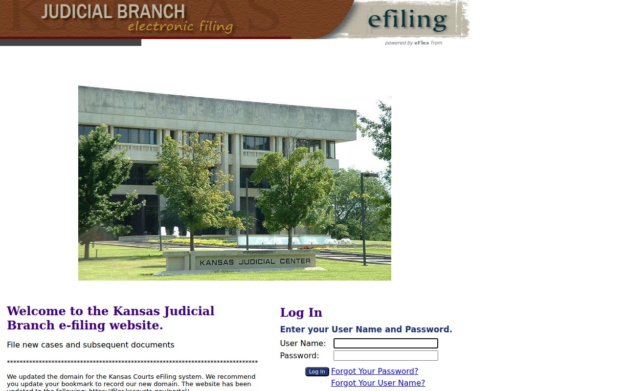 Kansas court e-filing portal shown as a separate service from docket search