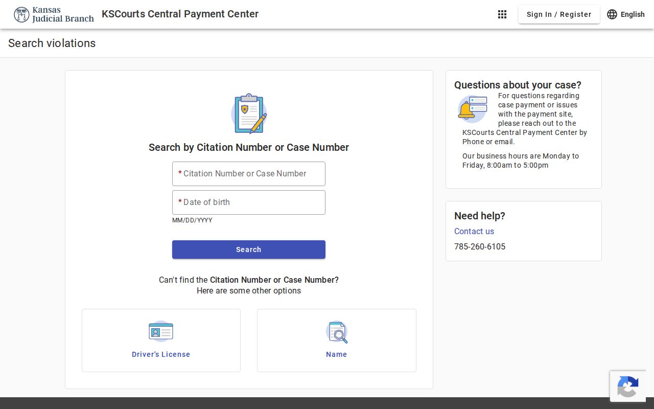 Kansas Central Payment Center traffic citation search form